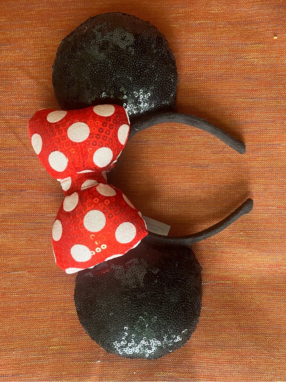 Sequin Minnie Mouse Ear Headband with Red Polka Dot Bow